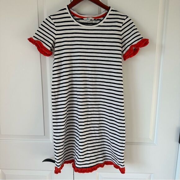 Boden Size 4 Navy and White Striped Knee Length Dress with Orange Ruffle Sleeve - Picture 2 of 4